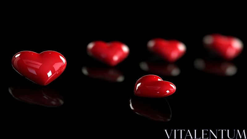 Photorealistic 3D-rendered crystalline hearts with gradient focus blur and reflective properties