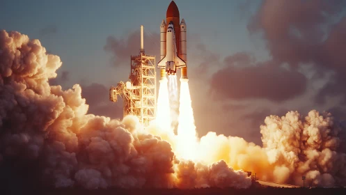 Crewed orbital shuttle launch with SRB plume at golden hour