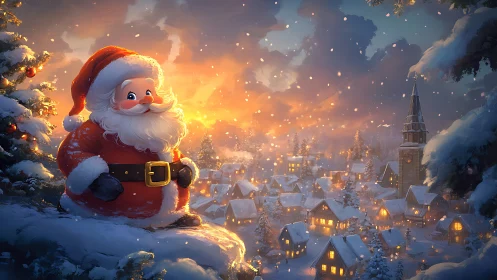 Santa overlooking glowing snowy village at golden sunset.