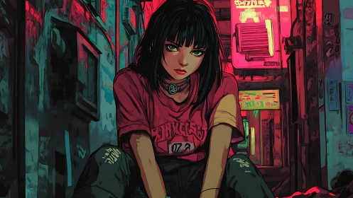 Neon alley rebel girl under moody cyberpunk city lights.