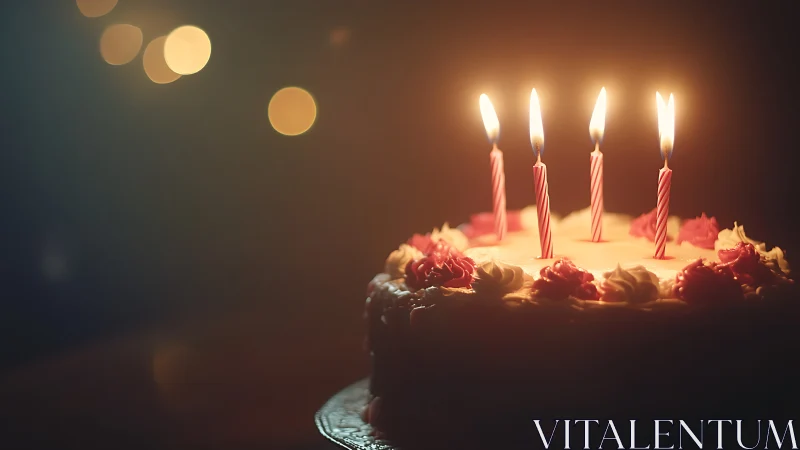 Birthday Cake with Four Lit Candles in Warm Glow.