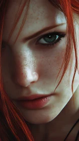 Intense freckled redhead gazes forward with quiet resolve