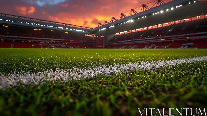 Low angle stadium turf study with shallow depth and sunset lighting