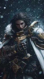 Armored warrior with sword in snow, detailed metal plating.