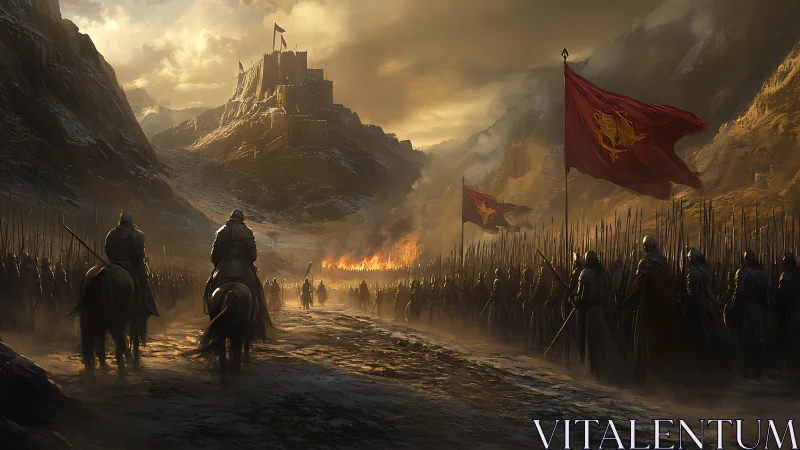 Storm-touched cavalry advances toward the burning mountain keep