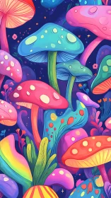 Vivid digital forest of multicolored fantasy mushrooms.