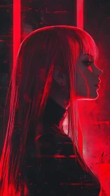 Neon red profile portrait of cyberpunk woman in shadow.