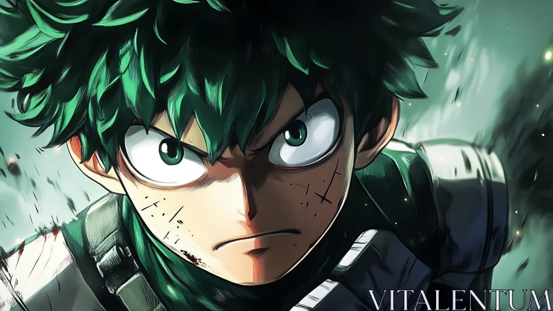 Green-haired anime character in close frontal combat pose.