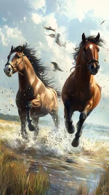 Two galloping horses charge through shallow water in sunlight