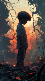 Backlit child silhouette amid fractured ember-lit aperture.