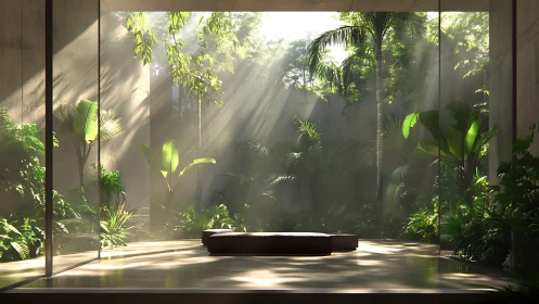 Minimalist lounge opens to lush tropical courtyard garden.