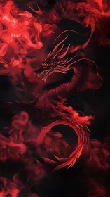 Fiery red dragon swirling through shadows and glowing smoke.