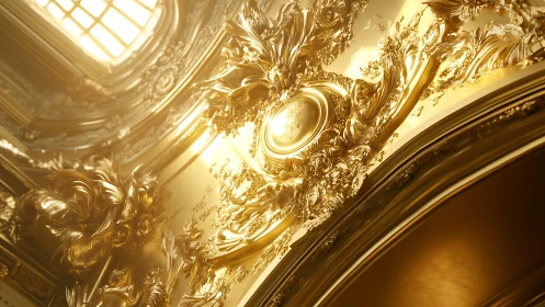 Ornate gilded ceiling detail with intense warm lighting.
