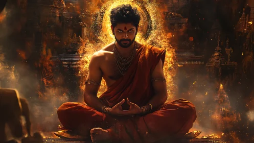 Meditative figure in orange robes amid fiery temple backdrop.