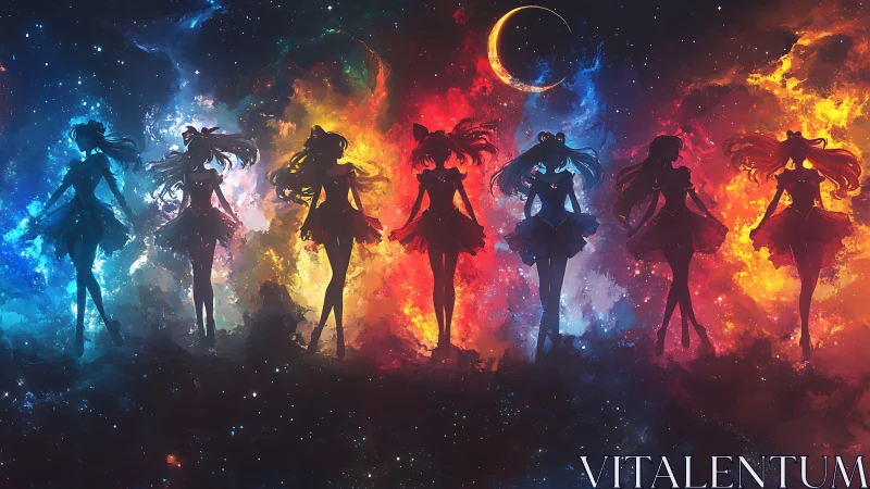 Starlit guardians stride through nebulae in chromatic procession