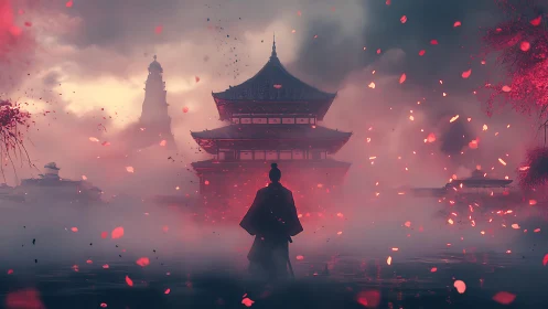 Lone samurai faces temple in red mist and falling petals.