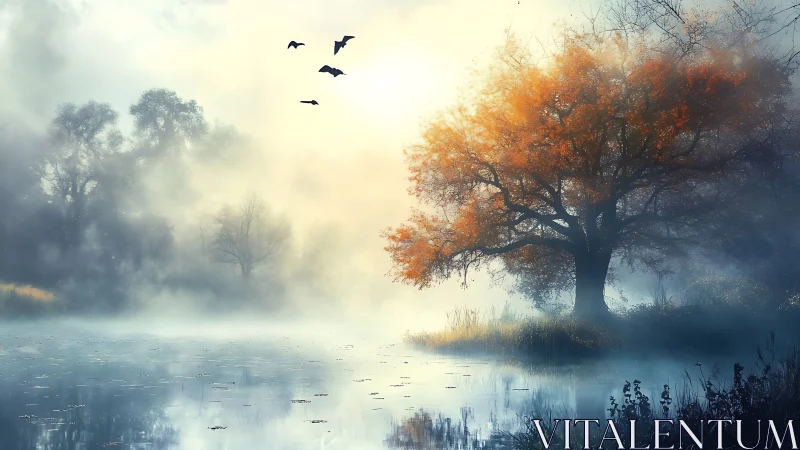 Misty lakeside sunrise with a glowing autumn tree.