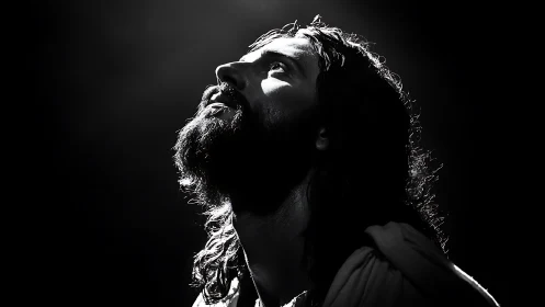 High contrast portrait of bearded man in dramatic overhead lighting
