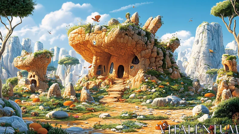 Whimsical stone village basks under a bright enchanted sky