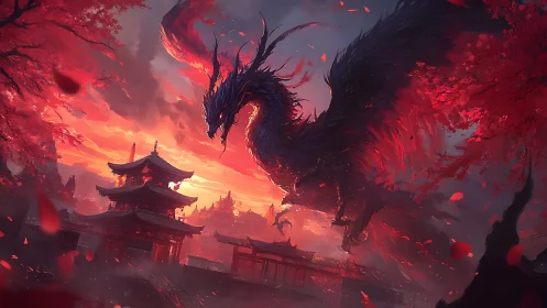 Colossal obsidian dragon eclipses a burning crimson temple sky