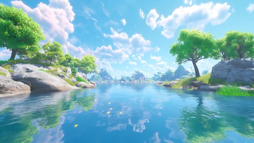 Serene Digital Landscape With Crystal Waters.