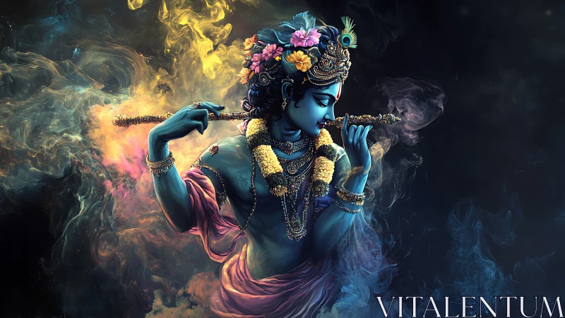 Blue-skinned divine figure with flute in smoky abstract space.