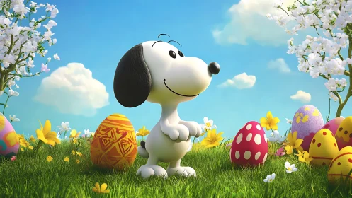 Joyful cartoon beagle in a blooming Easter meadow daydreams.