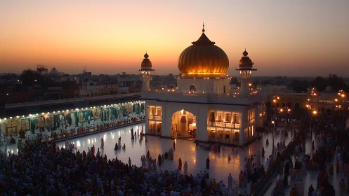 Golden-domed temple glows over vast courtyard at dusk.