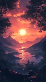 Digital painting sunset valley with atmospheric depth rendering.