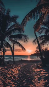 Tropical shoreline sunset framed by silhouetted palm canopy.