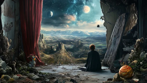 Stargazing wanderer quietly unwraps a backstage cosmos