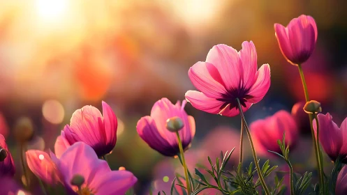 Backlit pink cosmos blossoms rendered in soft bokeh light