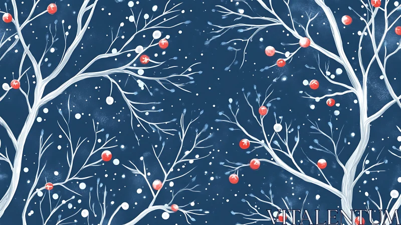 Winter berry branches on deep blue seamless vector pattern