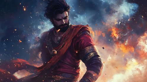 Warrior figure in red robes amid swirling fire and smoke.