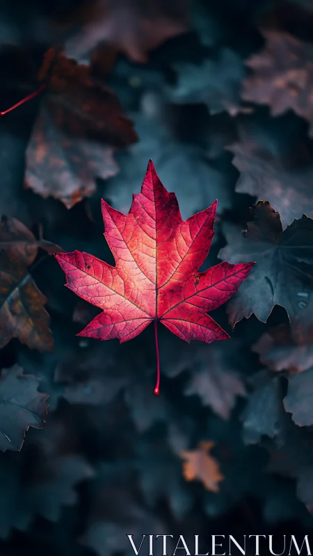 Lone crimson maple leaf quietly steals the forest spotlight