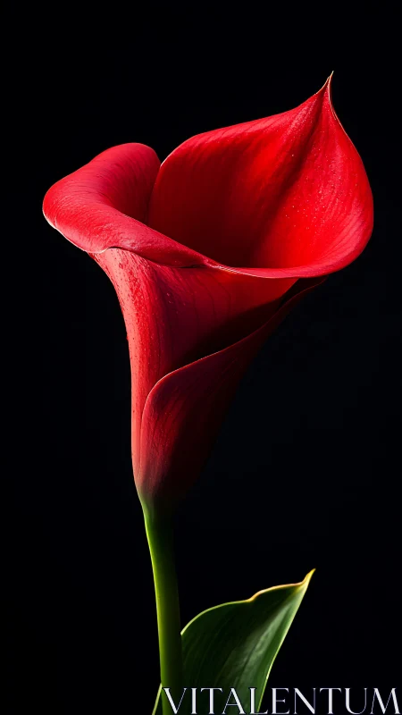 Red calla lily with curved petals against black background