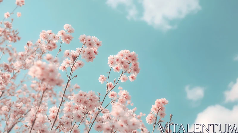Delicate pink flower clusters against turquoise sky with bokeh diffusion