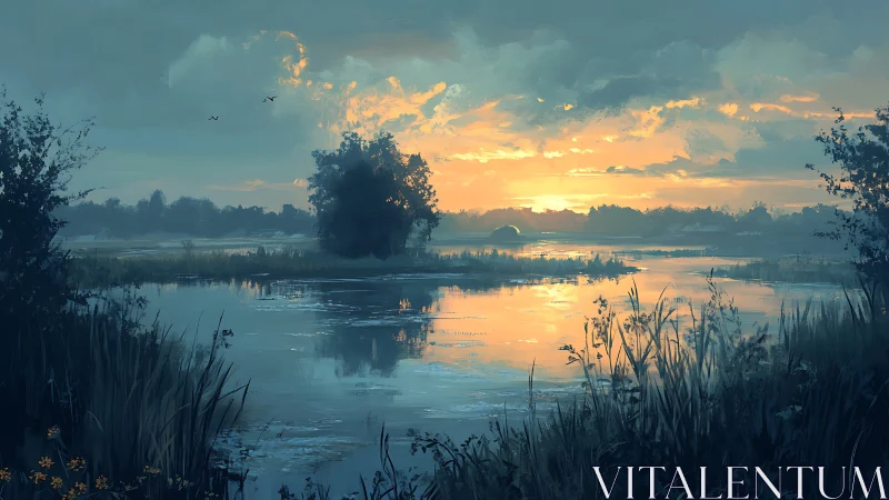 Luminous marshland sunset mirrored on tranquil wetlands.