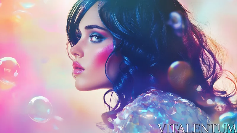Soft neon daydream portrait in glowing pastel bubbles.