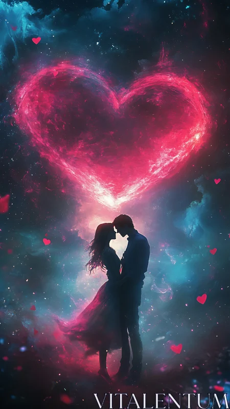 Silhouetted Couple Embracing Before Luminous Heart Formation