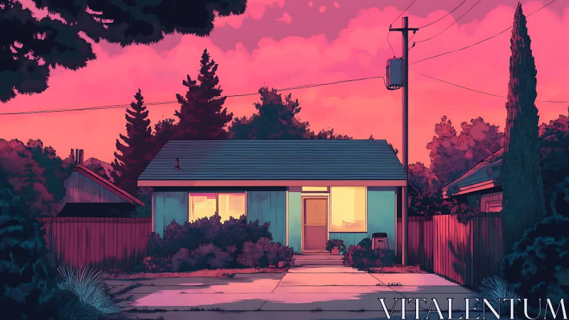 Suburban bungalow under saturated neon dusk sky, frontal view.