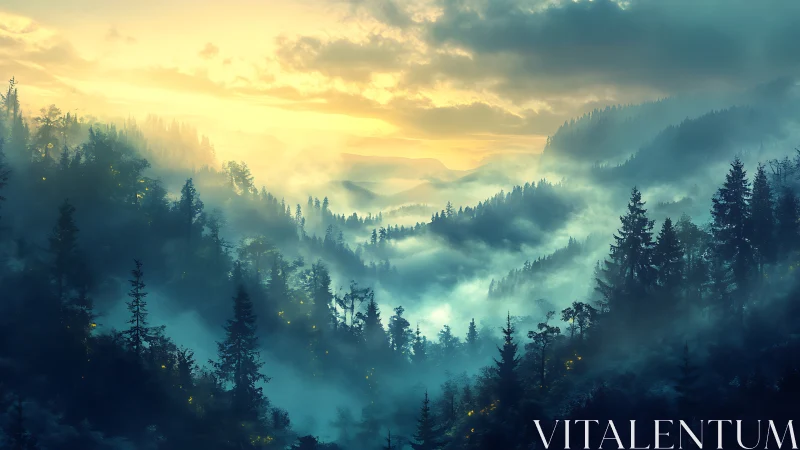 Misty mountain forest valley at dawn with coniferous trees