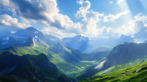 Volumetric-lit alpine valley with high-dynamic-range cloudscape rendering