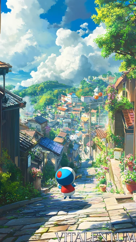Sunlit hillside alleyway with stylized robot overlooking coastal town