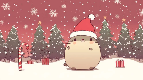 Chubby cartoon hamster wears Santa hat in snowy forest
