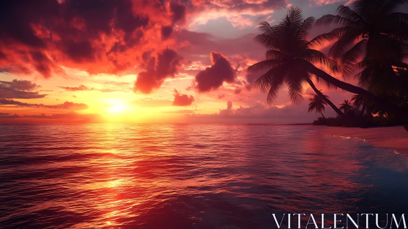 Tropical coastline under vivid red and orange sunset sky.