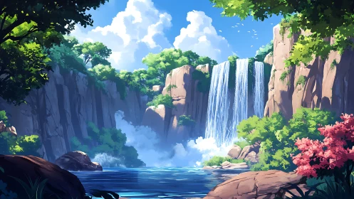 Hydrologic canyon cascade with luminous atmospheric rendering.