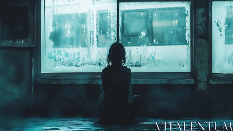 Quiet silhouette waiting by frosted windows in blue hush.