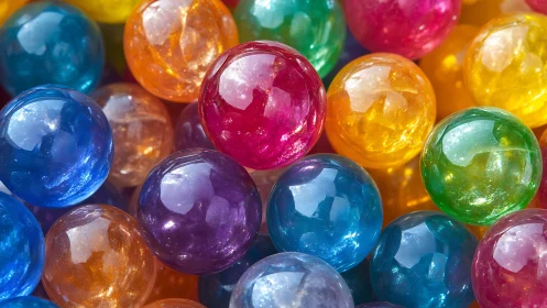 Photorealistic close-up of glossy translucent gumball spheres.