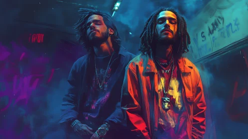 Neon-lit urban portrait uniting dual figures in vapor haze